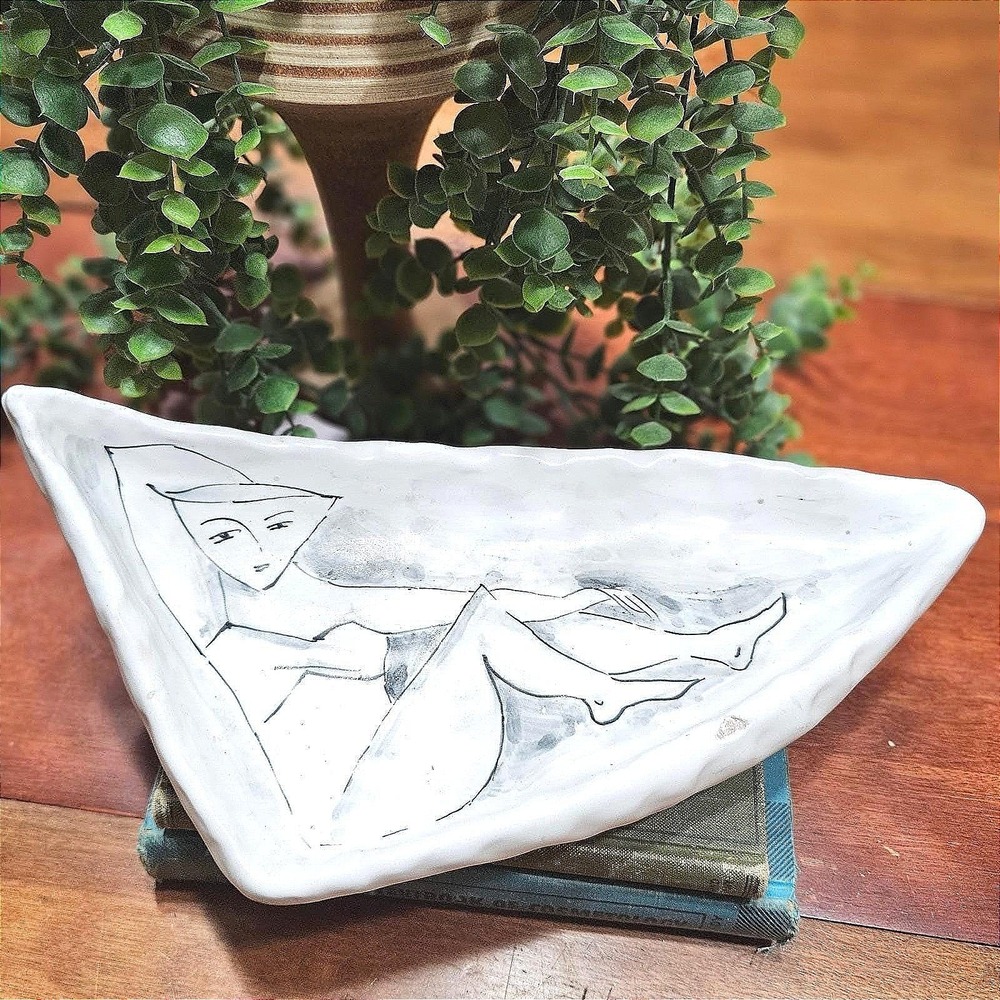 Rare Piece Vtg Cantagalli Italy 1950s Modernist Figural Woman Ceramic  Dish